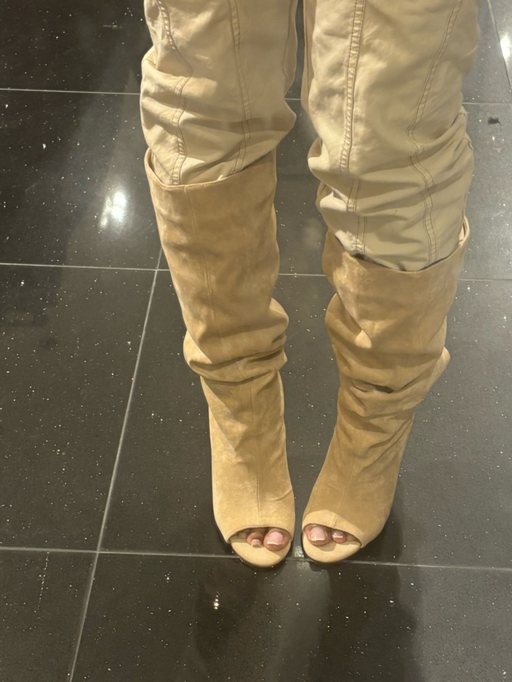 Suede Peep-Toe Slouch Knee Boots - Tan